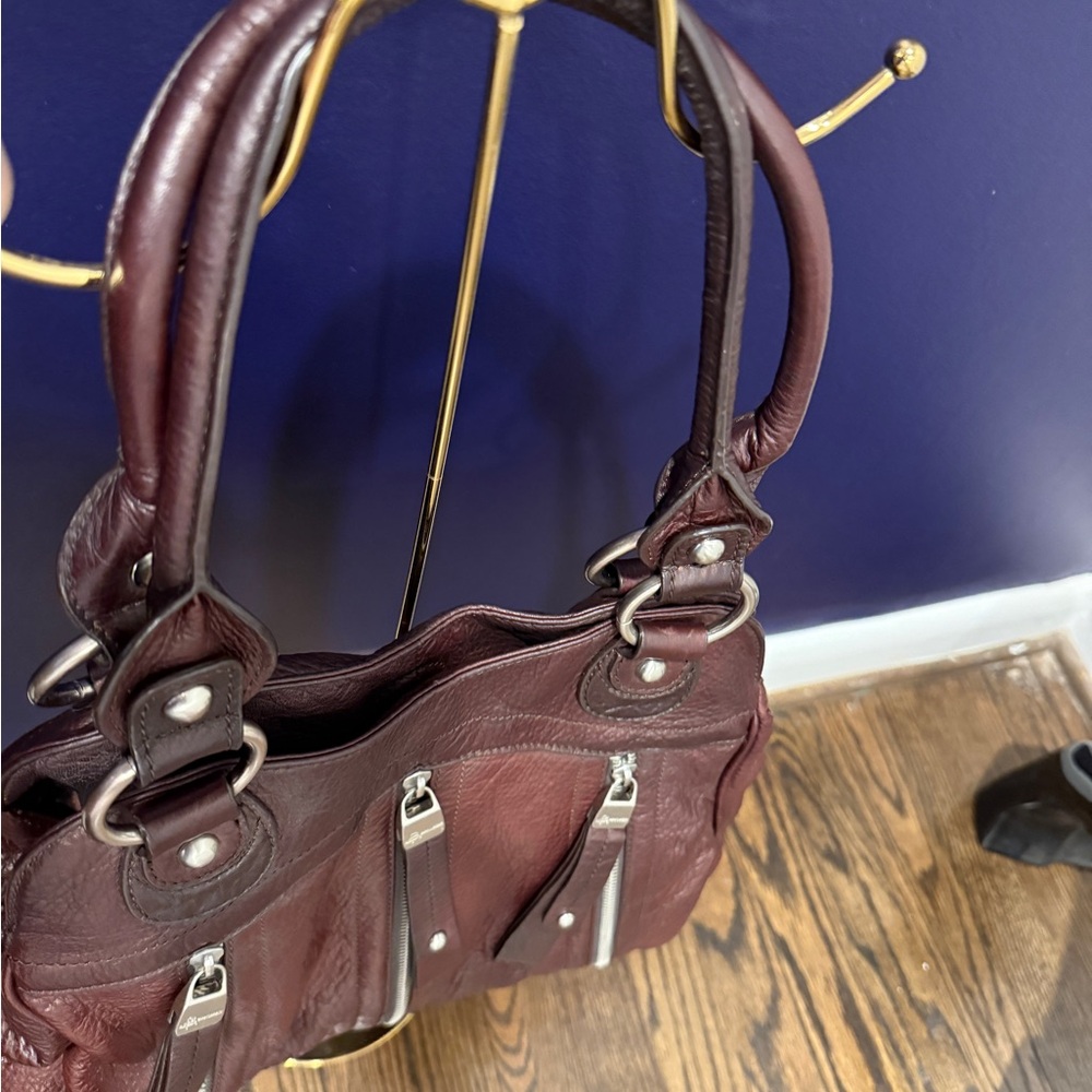 B. Makowsky Brown Leather Shoulder Bag with Silver Hardware